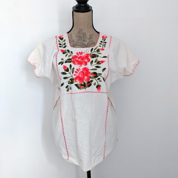 Vintage Tops - Floral Embroidered Boho Style Short Sleeve White Shirt
